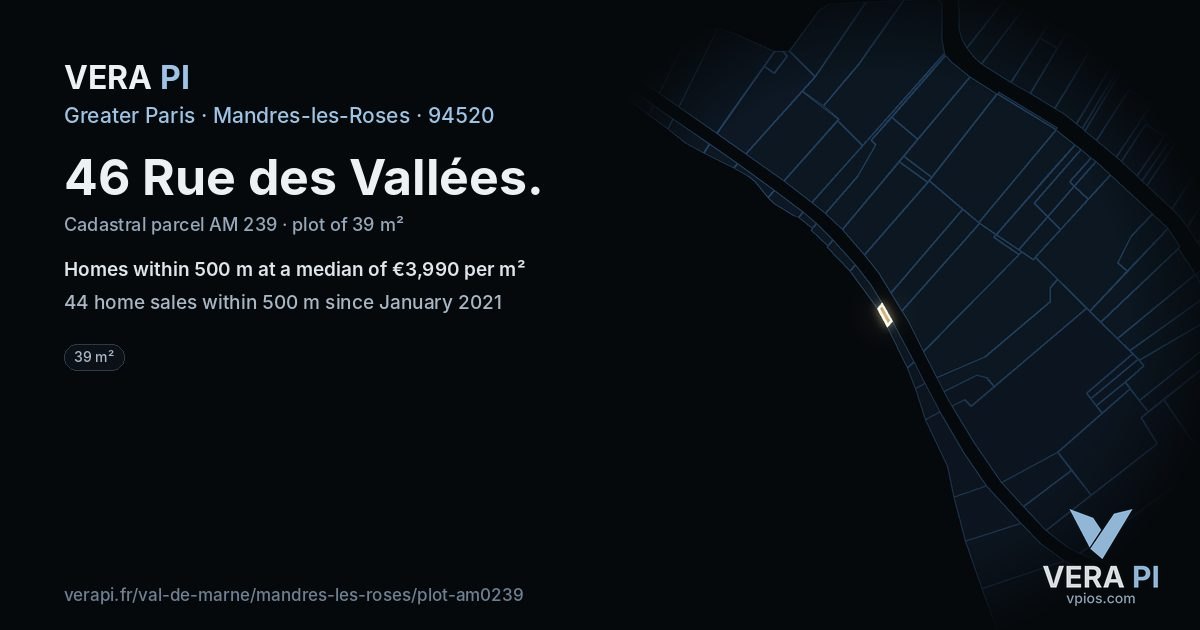 46 Rue des Vallées, Mandres-les-Roses at night – the plot lit, the parcels around coloured by the prices near them
