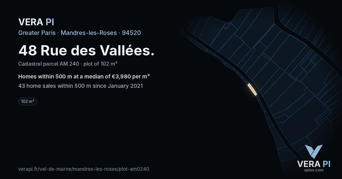 48 Rue des Vallées, Mandres-les-Roses at night – the plot lit, the parcels around coloured by the prices near them