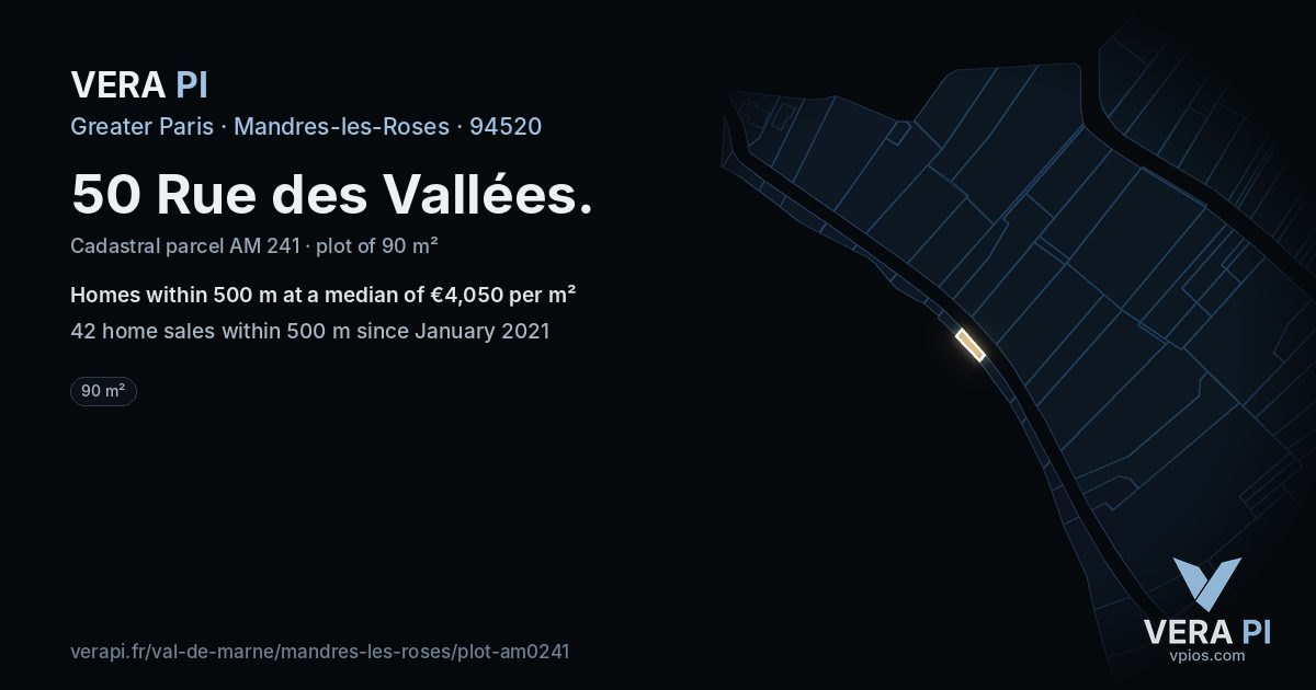 50 Rue des Vallées, Mandres-les-Roses at night – the plot lit, the parcels around coloured by the prices near them