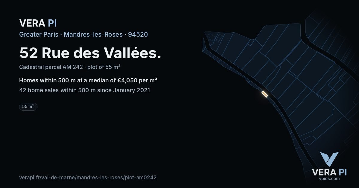 52 Rue des Vallées, Mandres-les-Roses at night – the plot lit, the parcels around coloured by the prices near them