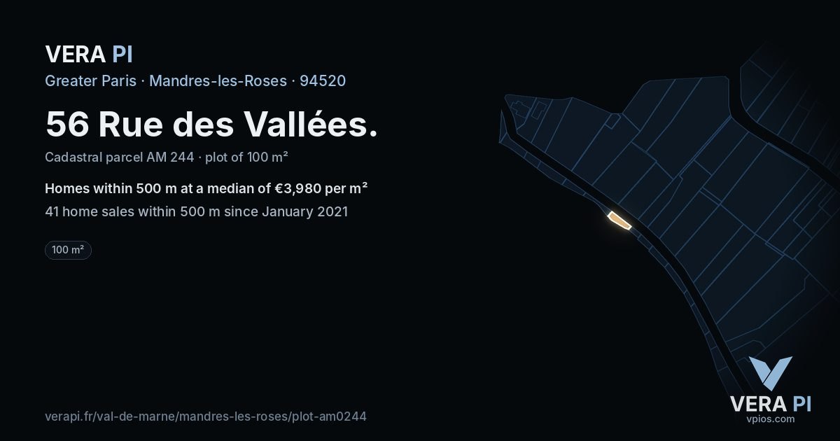 56 Rue des Vallées, Mandres-les-Roses at night – the plot lit, the parcels around coloured by the prices near them