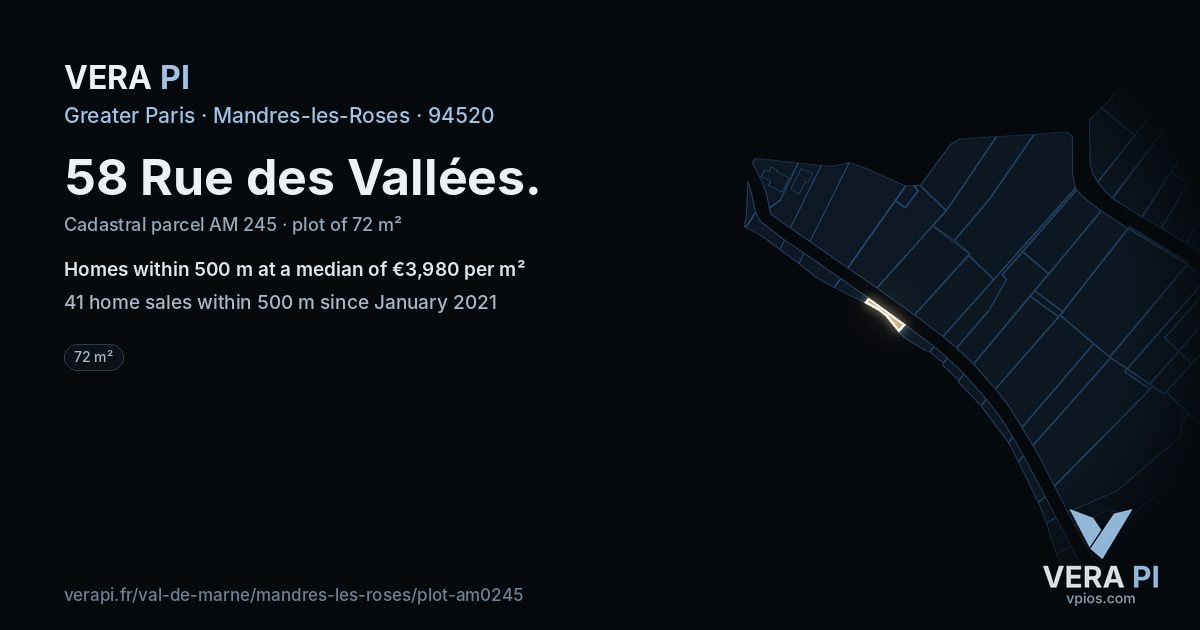 58 Rue des Vallées, Mandres-les-Roses at night – the plot lit, the parcels around coloured by the prices near them