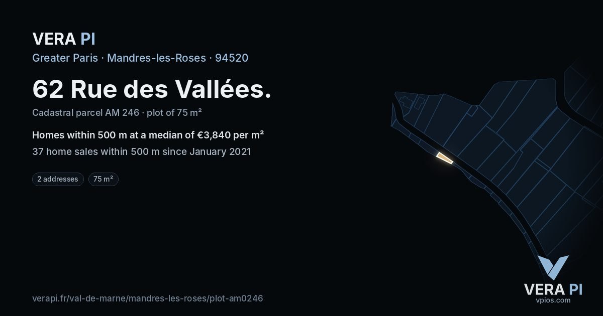 62 Rue des Vallées, Mandres-les-Roses at night – the plot lit, the parcels around coloured by the prices near them