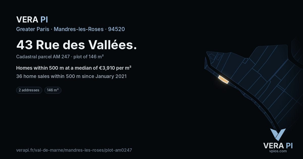 43 Rue des Vallées, Mandres-les-Roses at night – the plot lit, the parcels around coloured by the prices near them