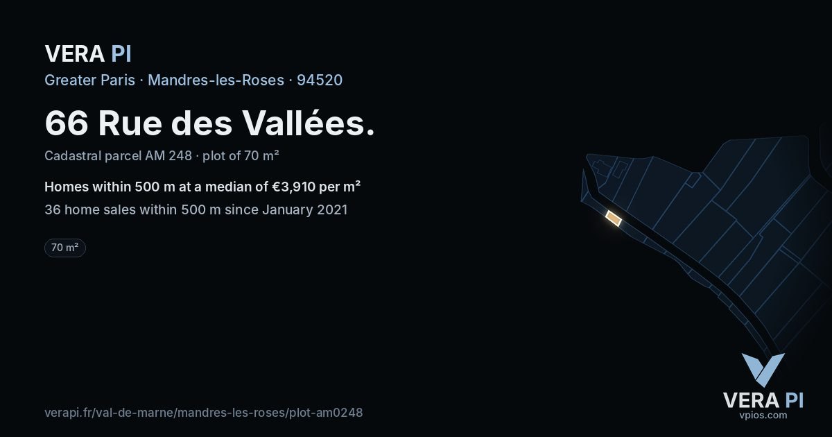 66 Rue des Vallées, Mandres-les-Roses at night – the plot lit, the parcels around coloured by the prices near them