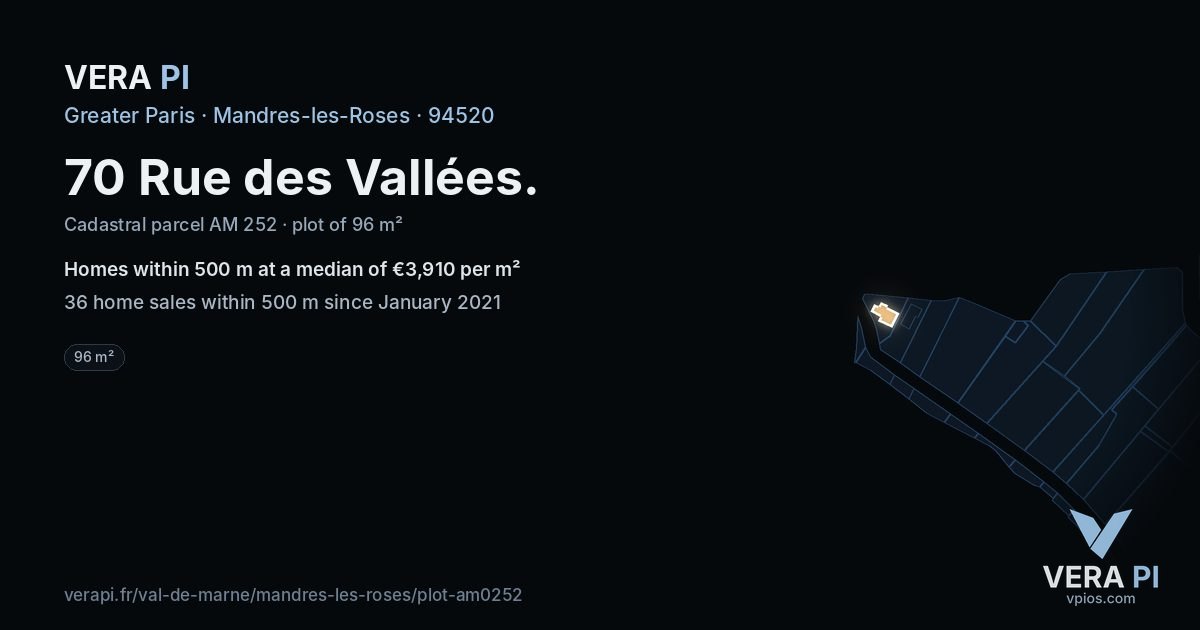 70 Rue des Vallées, Mandres-les-Roses at night – the plot lit, the parcels around coloured by the prices near them