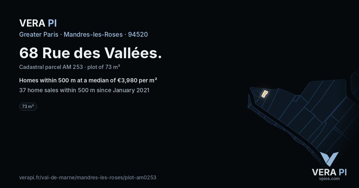 68 Rue des Vallées, Mandres-les-Roses at night – the plot lit, the parcels around coloured by the prices near them