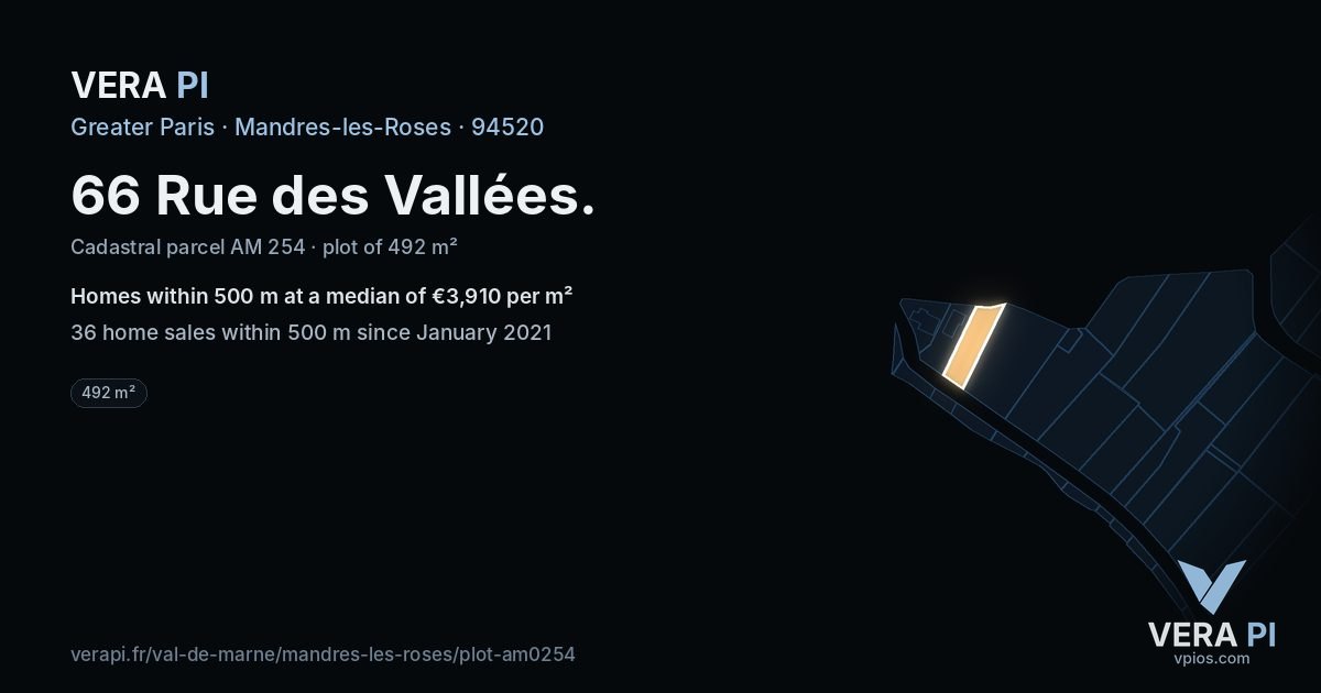 66 Rue des Vallées, Mandres-les-Roses at night – the plot lit, the parcels around coloured by the prices near them