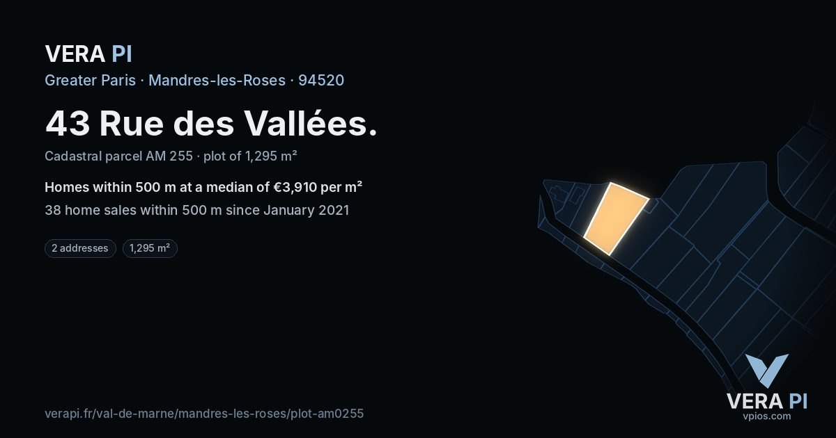 43 Rue des Vallées, Mandres-les-Roses at night – the plot lit, the parcels around coloured by the prices near them