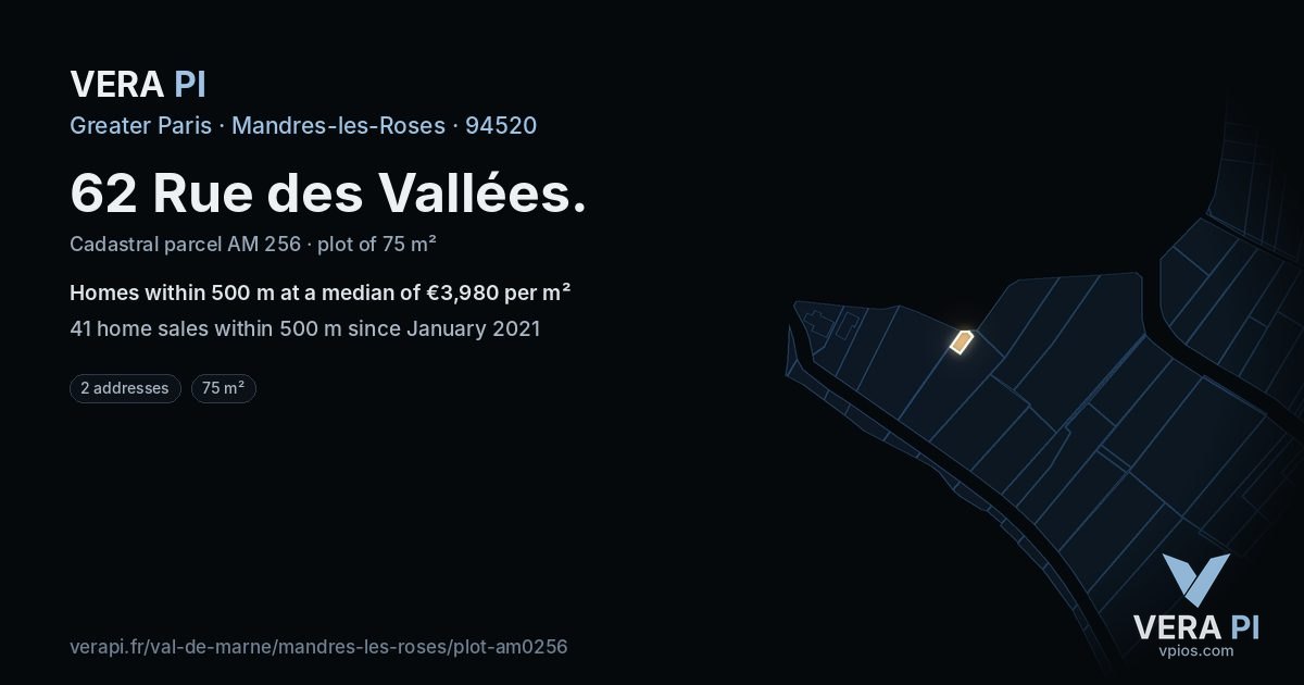 62 Rue des Vallées, Mandres-les-Roses at night – the plot lit, the parcels around coloured by the prices near them