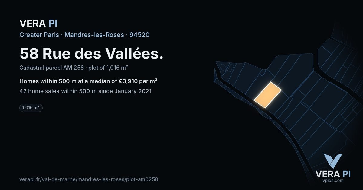 58 Rue des Vallées, Mandres-les-Roses at night – the plot lit, the parcels around coloured by the prices near them