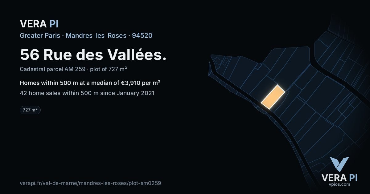 56 Rue des Vallées, Mandres-les-Roses at night – the plot lit, the parcels around coloured by the prices near them