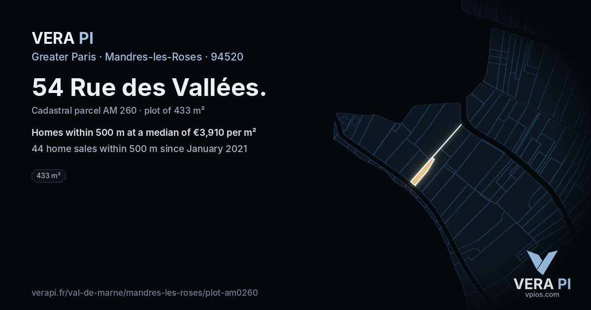 54 Rue des Vallées, Mandres-les-Roses at night – the plot lit, the parcels around coloured by the prices near them