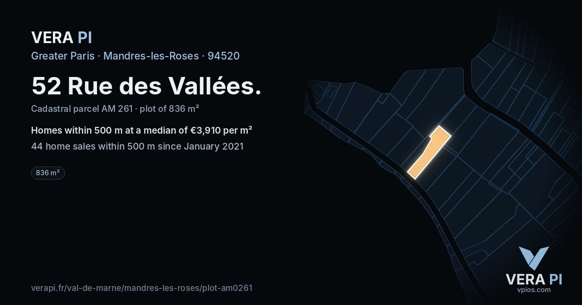 52 Rue des Vallées, Mandres-les-Roses at night – the plot lit, the parcels around coloured by the prices near them