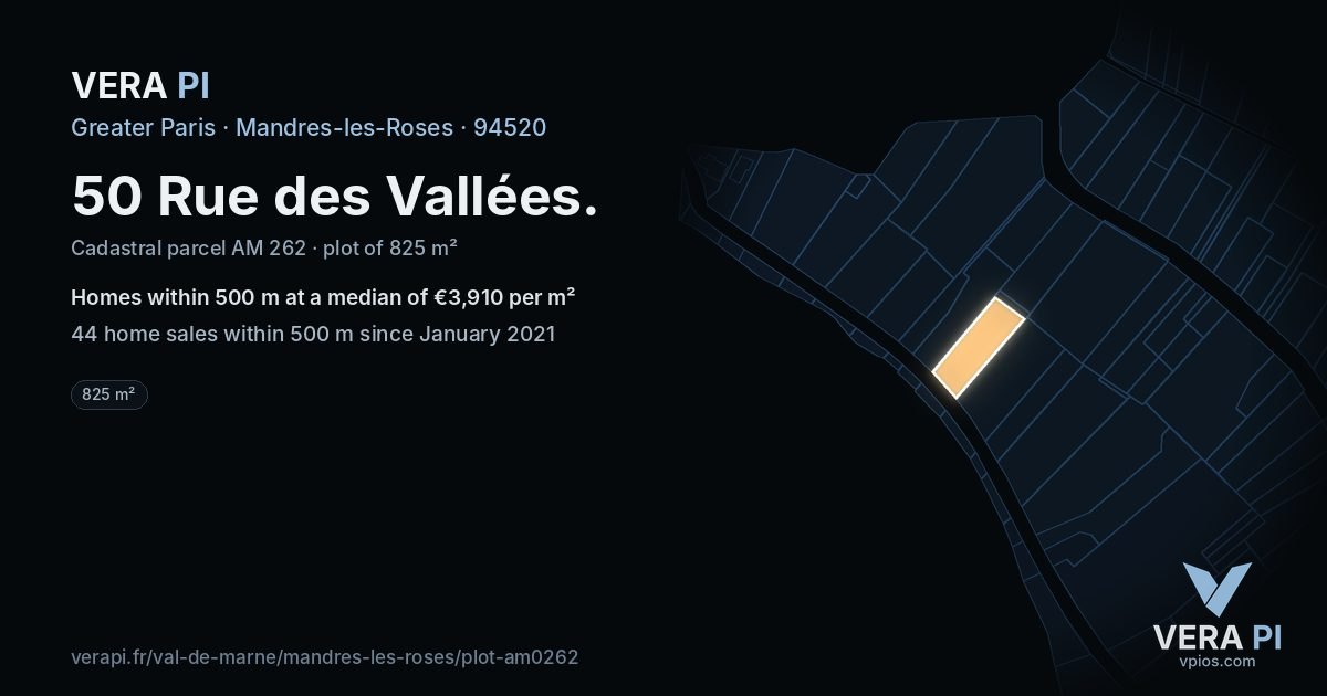 50 Rue des Vallées, Mandres-les-Roses at night – the plot lit, the parcels around coloured by the prices near them