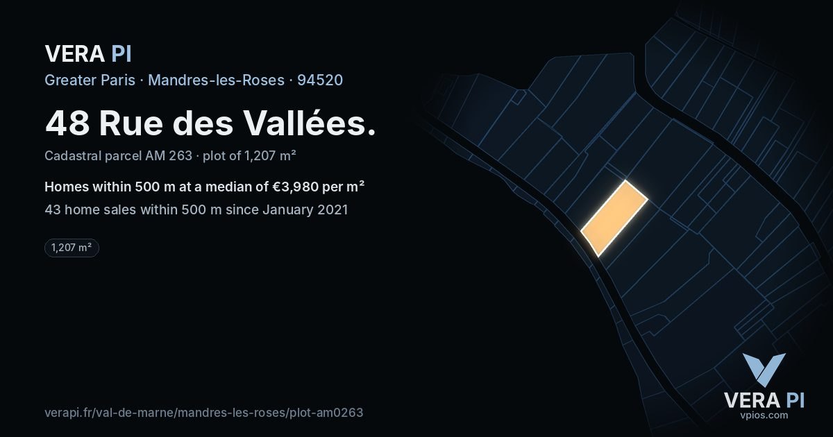 48 Rue des Vallées, Mandres-les-Roses at night – the plot lit, the parcels around coloured by the prices near them