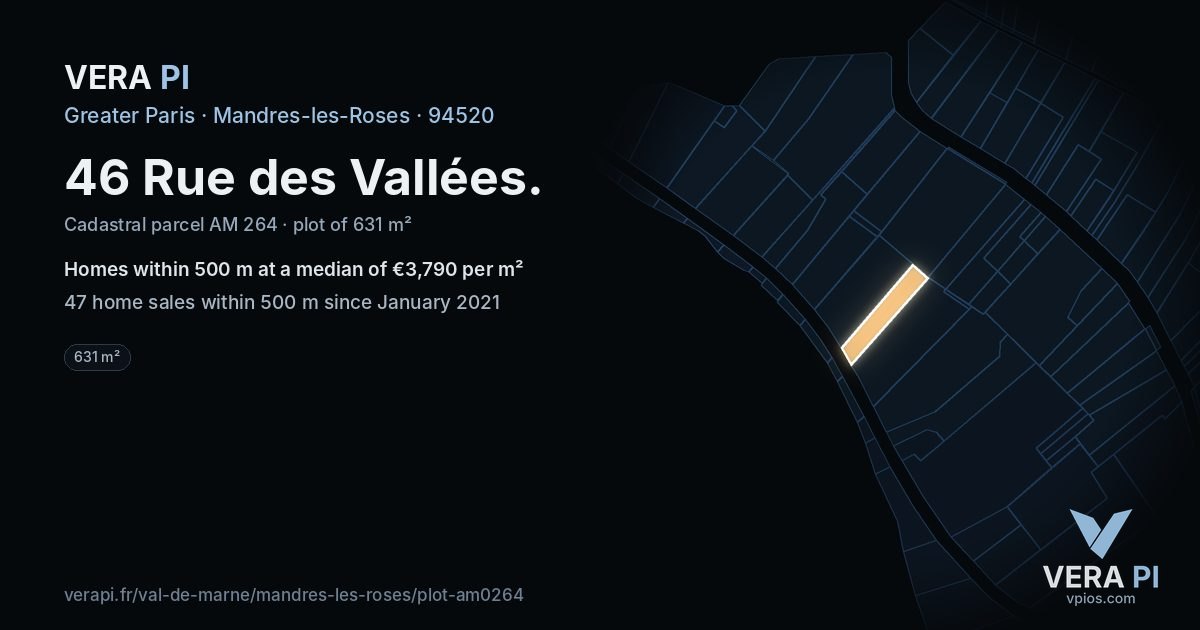 46 Rue des Vallées, Mandres-les-Roses at night – the plot lit, the parcels around coloured by the prices near them