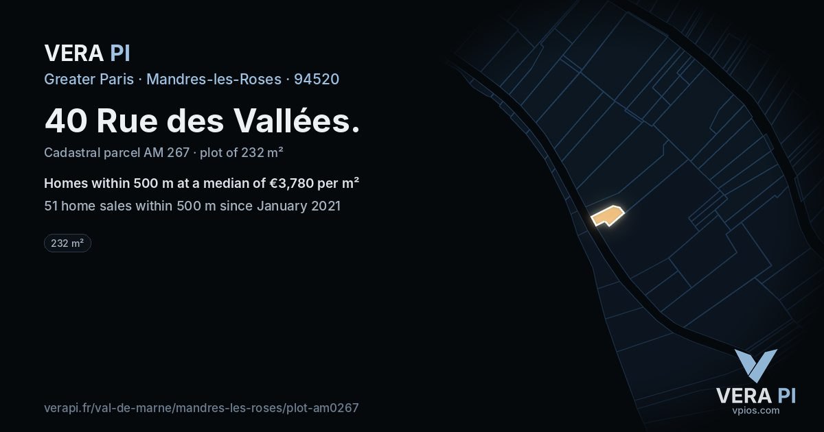 40 Rue des Vallées, Mandres-les-Roses at night – the plot lit, the parcels around coloured by the prices near them