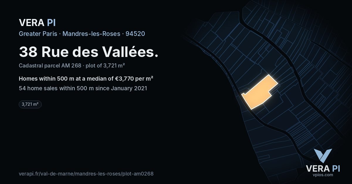 38 Rue des Vallées, Mandres-les-Roses at night – the plot lit, the parcels around coloured by the prices near them