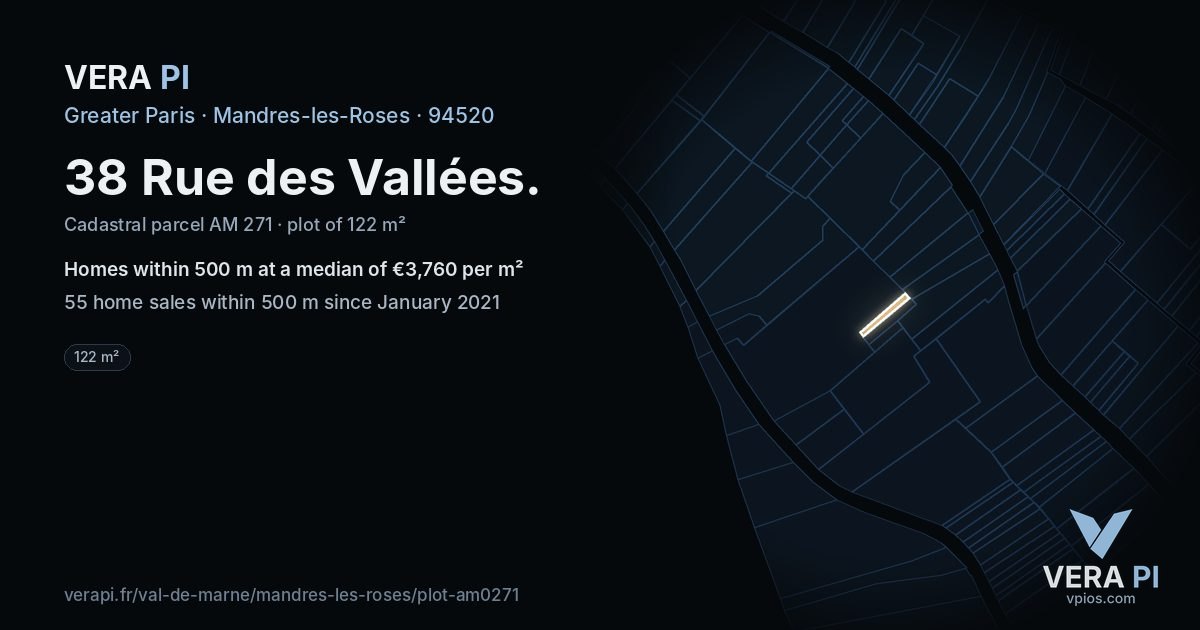 38 Rue des Vallées, Mandres-les-Roses at night – the plot lit, the parcels around coloured by the prices near them