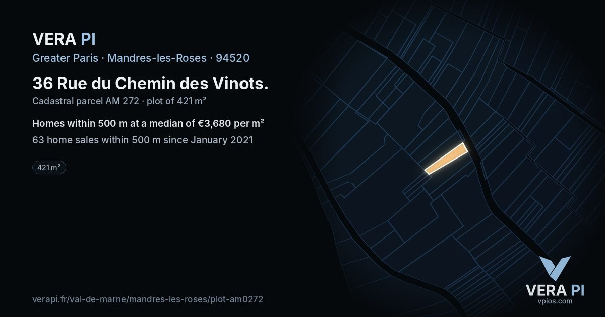 36 Rue du Chemin des Vinots, Mandres-les-Roses at night – the plot lit, the parcels around coloured by the prices near them