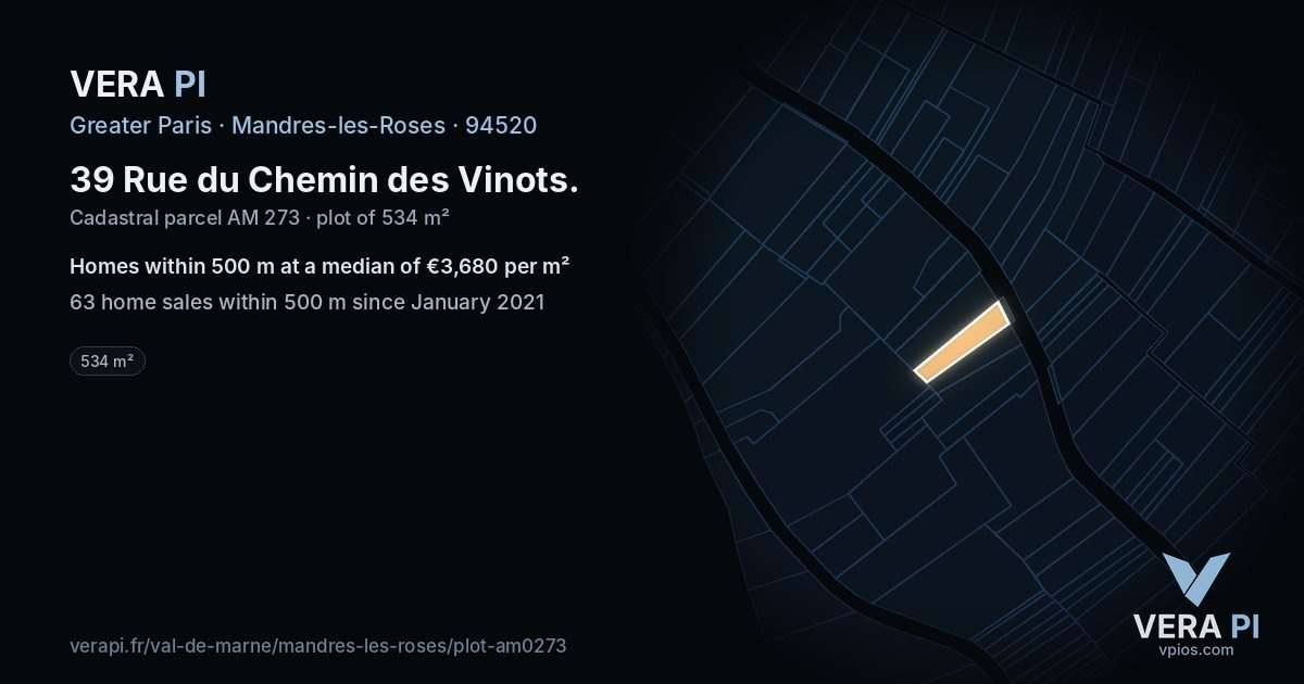 39 Rue du Chemin des Vinots, Mandres-les-Roses at night – the plot lit, the parcels around coloured by the prices near them