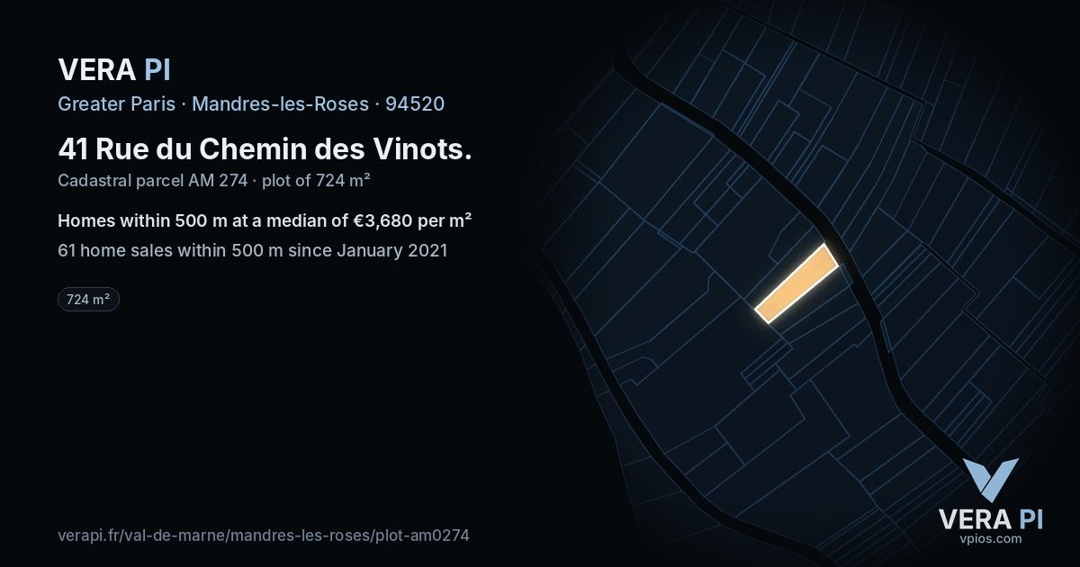 41 Rue du Chemin des Vinots, Mandres-les-Roses at night – the plot lit, the parcels around coloured by the prices near them
