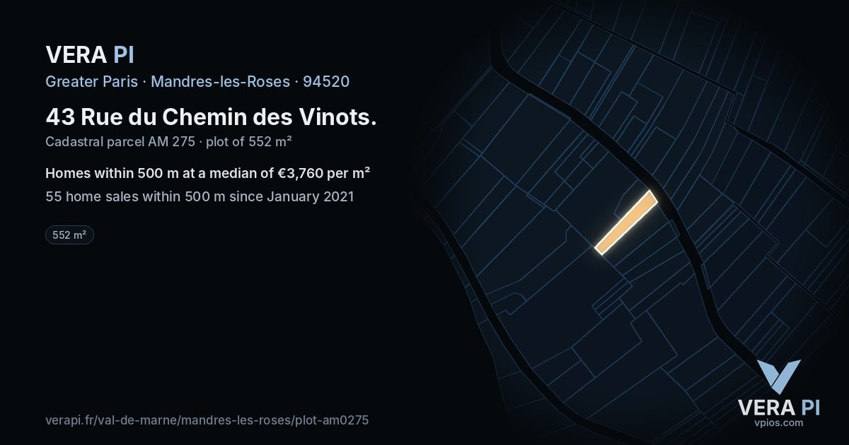 43 Rue du Chemin des Vinots, Mandres-les-Roses at night – the plot lit, the parcels around coloured by the prices near them