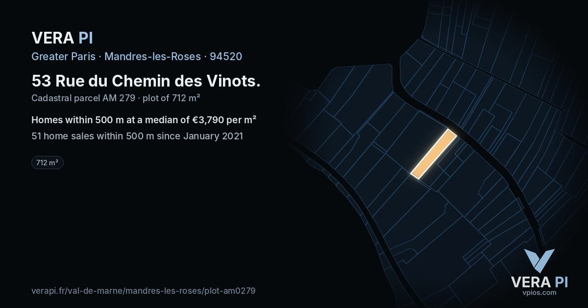 53 Rue du Chemin des Vinots, Mandres-les-Roses at night – the plot lit, the parcels around coloured by the prices near them