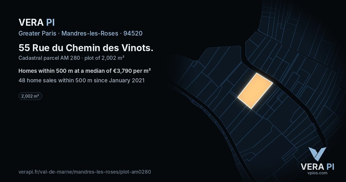55 Rue du Chemin des Vinots, Mandres-les-Roses at night – the plot lit, the parcels around coloured by the prices near them
