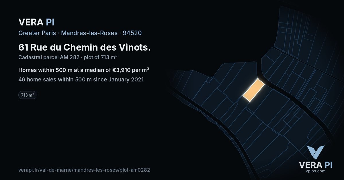 61 Rue du Chemin des Vinots, Mandres-les-Roses at night – the plot lit, the parcels around coloured by the prices near them