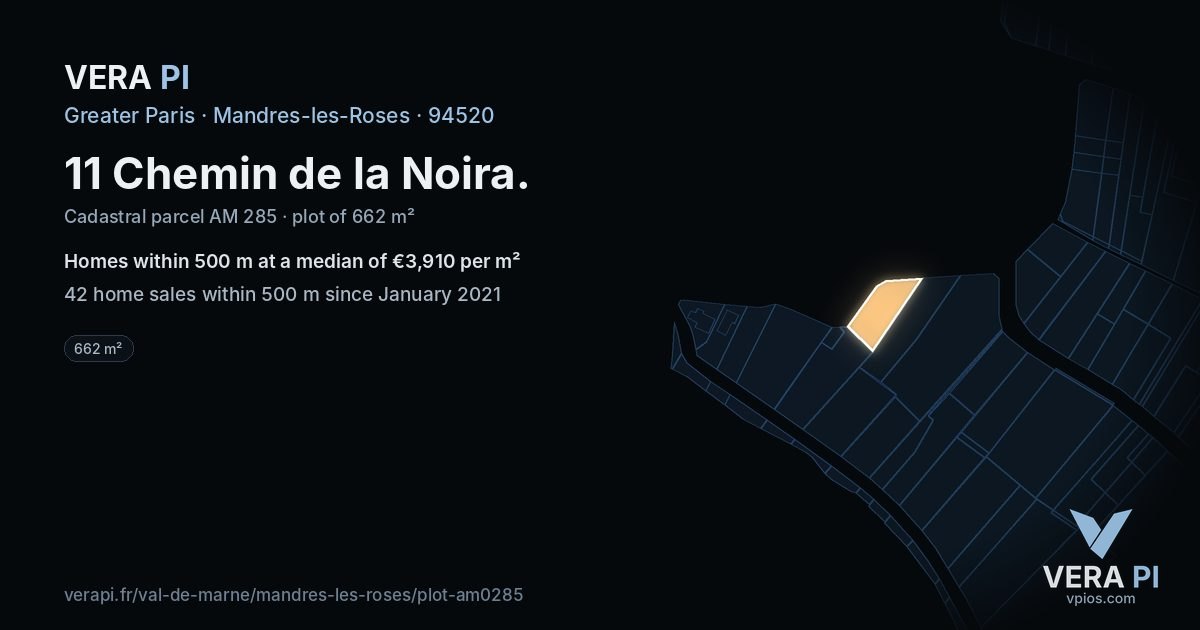 11 Chemin de la Noira, Mandres-les-Roses at night – the plot lit, the parcels around coloured by the prices near them