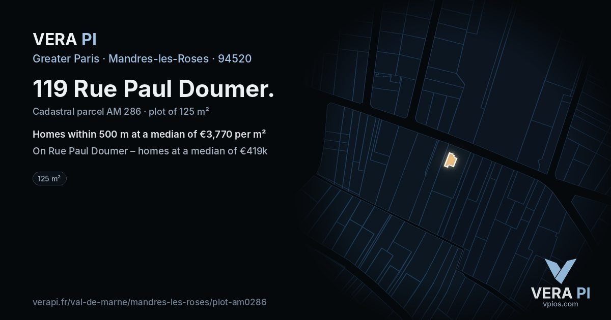 119 Rue Paul Doumer, Mandres-les-Roses at night – the plot lit, the parcels around coloured by the prices near them