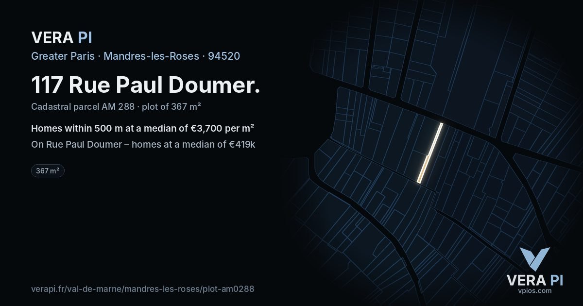 117 Rue Paul Doumer, Mandres-les-Roses at night – the plot lit, the parcels around coloured by the prices near them
