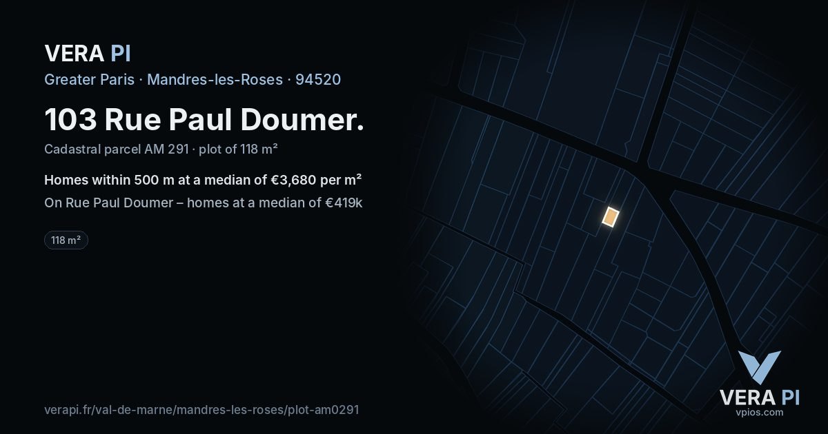 103 Rue Paul Doumer, Mandres-les-Roses at night – the plot lit, the parcels around coloured by the prices near them
