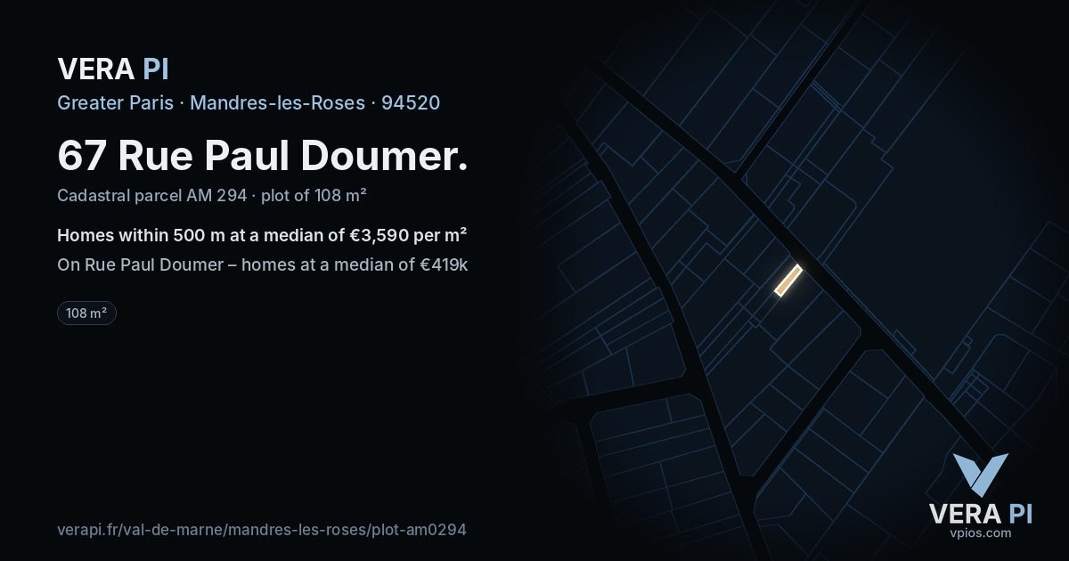 67 Rue Paul Doumer, Mandres-les-Roses at night – the plot lit, the parcels around coloured by the prices near them