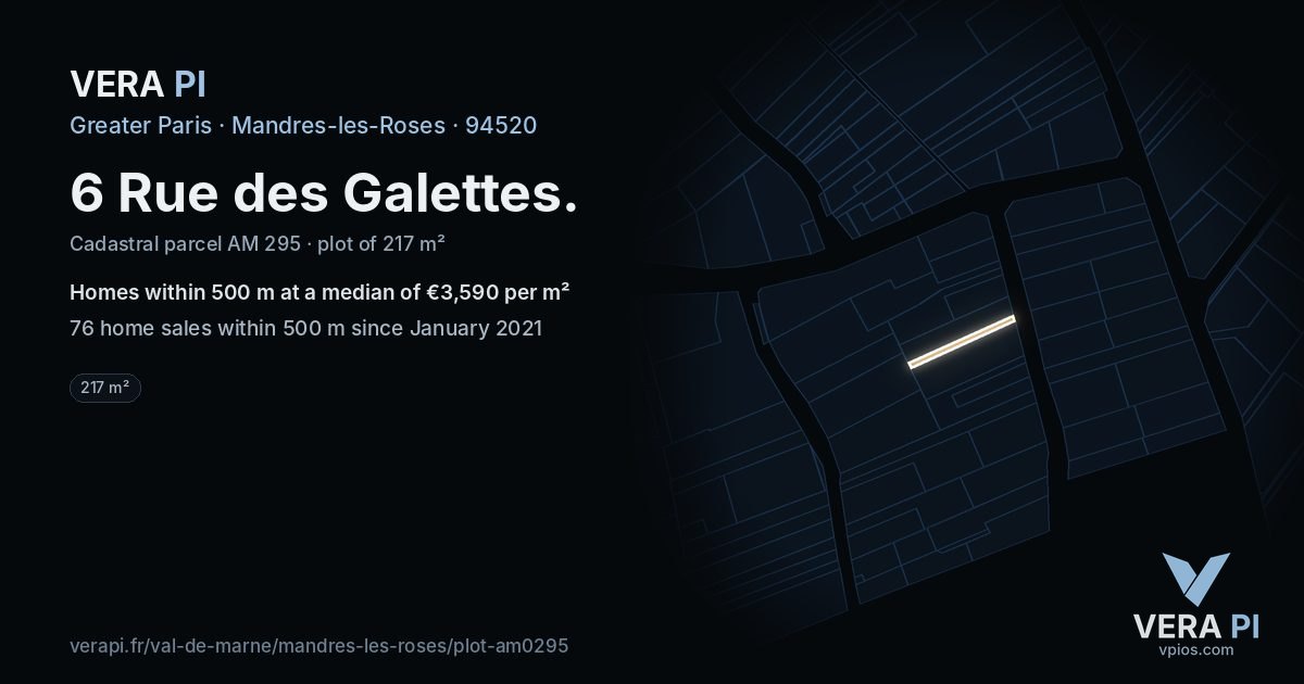 6 Rue des Galettes, Mandres-les-Roses at night – the plot lit, the parcels around coloured by the prices near them