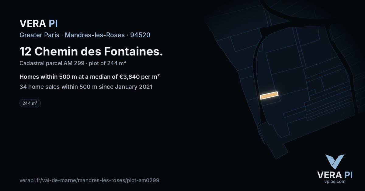 12 Chemin des Fontaines, Mandres-les-Roses at night – the plot lit, the parcels around coloured by the prices near them