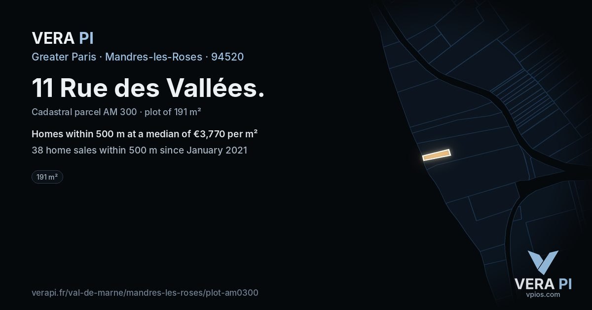 11 Rue des Vallées, Mandres-les-Roses at night – the plot lit, the parcels around coloured by the prices near them