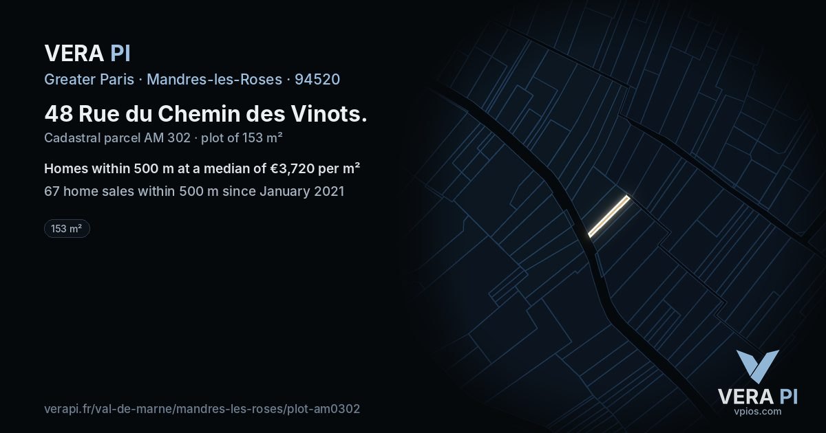 48 Rue du Chemin des Vinots, Mandres-les-Roses at night – the plot lit, the parcels around coloured by the prices near them