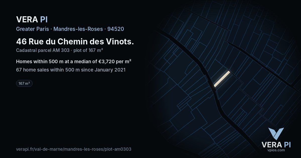 46 Rue du Chemin des Vinots, Mandres-les-Roses at night – the plot lit, the parcels around coloured by the prices near them