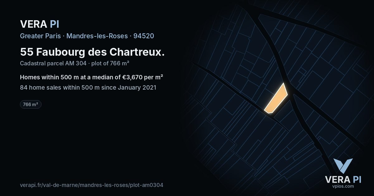 55 Faubourg des Chartreux, Mandres-les-Roses at night – the plot lit, the parcels around coloured by the prices near them