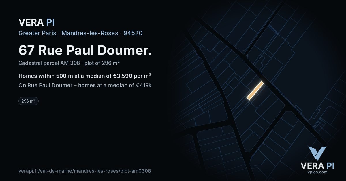 67 Rue Paul Doumer, Mandres-les-Roses at night – the plot lit, the parcels around coloured by the prices near them