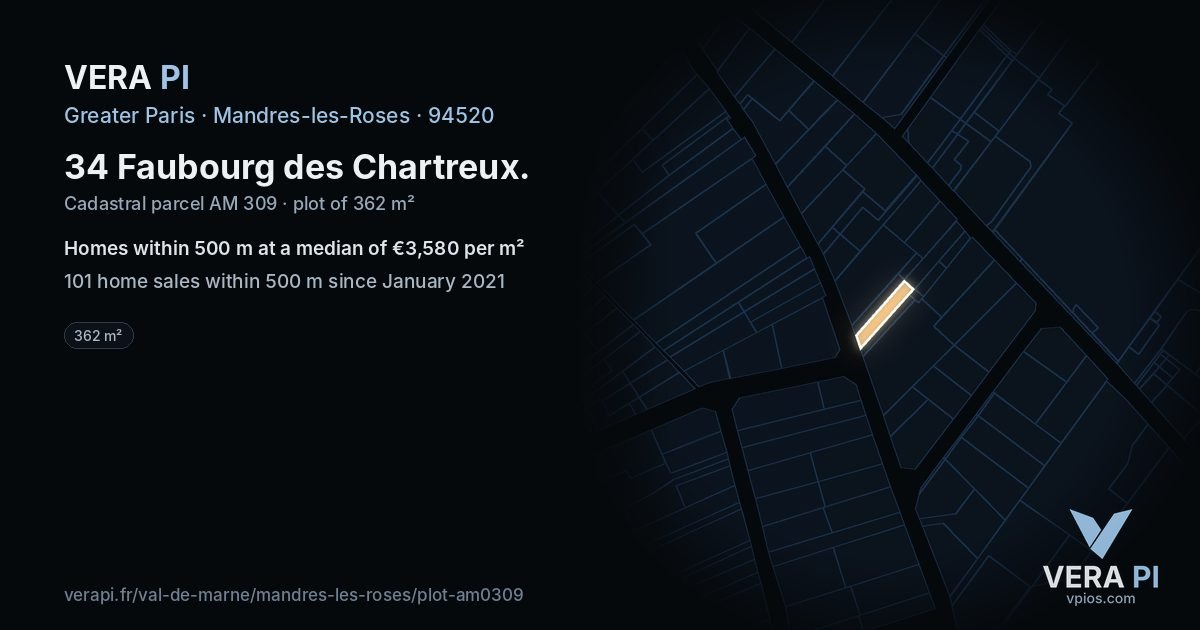 34 Faubourg des Chartreux, Mandres-les-Roses at night – the plot lit, the parcels around coloured by the prices near them
