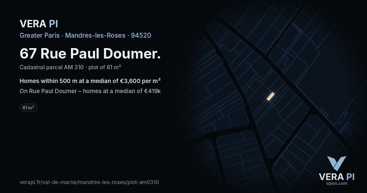 67 Rue Paul Doumer, Mandres-les-Roses at night – the plot lit, the parcels around coloured by the prices near them