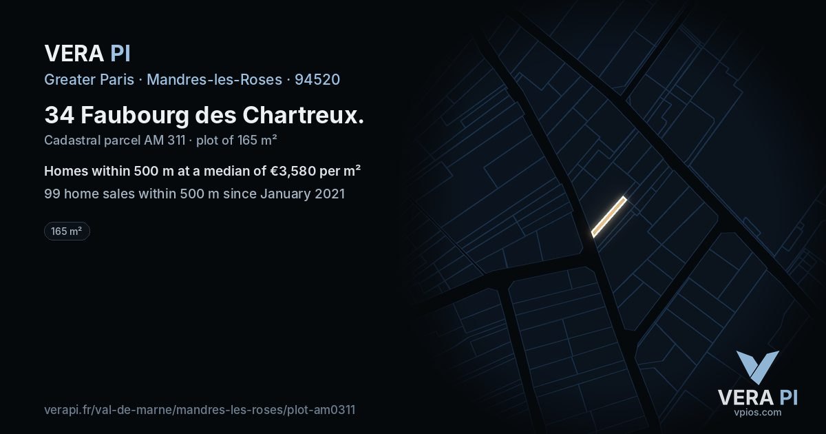 34 Faubourg des Chartreux, Mandres-les-Roses at night – the plot lit, the parcels around coloured by the prices near them