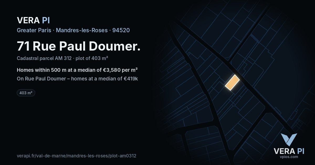 71 Rue Paul Doumer, Mandres-les-Roses at night – the plot lit, the parcels around coloured by the prices near them