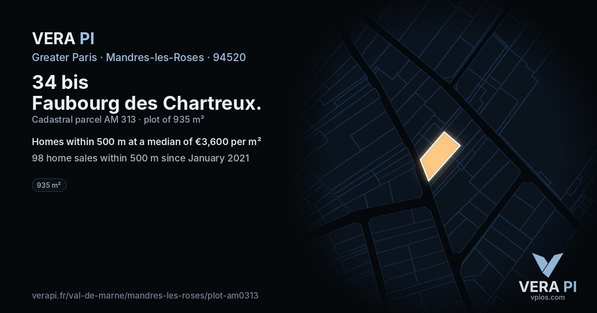 34 bis Faubourg des Chartreux, Mandres-les-Roses at night – the plot lit, the parcels around coloured by the prices near them