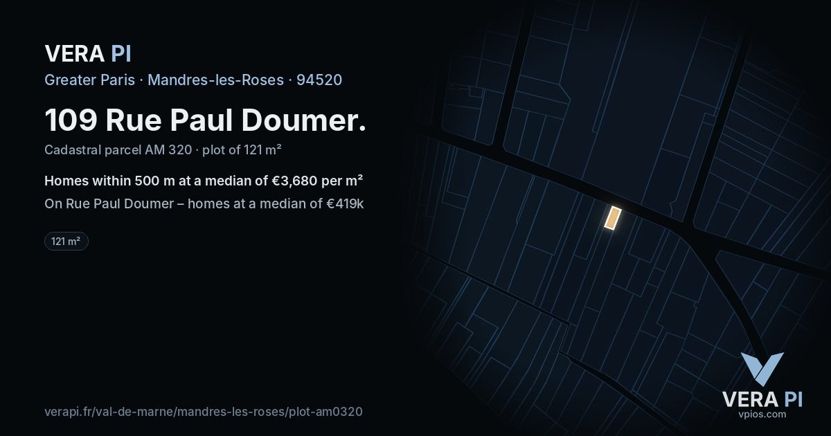 109 Rue Paul Doumer, Mandres-les-Roses at night – the plot lit, the parcels around coloured by the prices near them