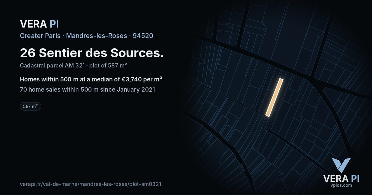 26 Sentier des Sources, Mandres-les-Roses at night – the plot lit, the parcels around coloured by the prices near them